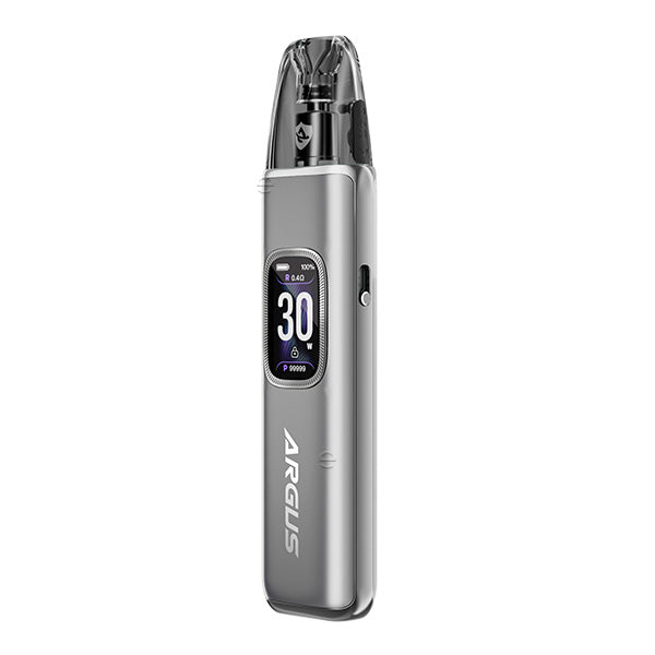 Voopoo Argus G3 Pod Kit in silver, showcasing its sleek design and digital display for vaping enthusiasts.