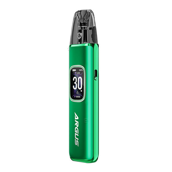 Voopoo Argus G3 Pod Kit in green color, compact and stylish, featuring a digital display and adjustable power settings.
