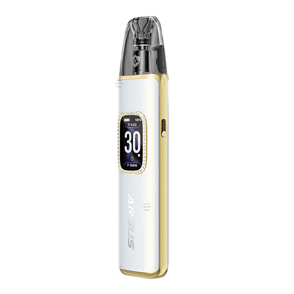 Voopoo Argus G3 Pod Kit in white and gold, compact design for MTL and RDL vaping with 1500 mAh battery.