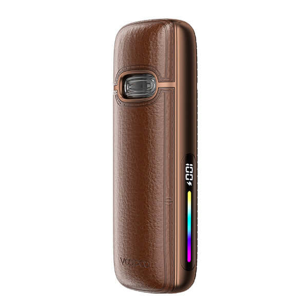 VooPoo VMATE E2 E-Zigarette in brown with modern design and colorful display.