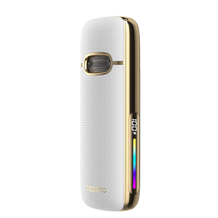 VooPoo VMATE E2 E-Zigarette in white and gold design, showcasing sleek modern aesthetics.
