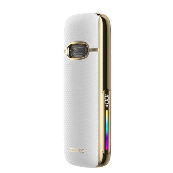 VooPoo VMATE E2 E-Zigarette in white and gold design, showcasing sleek modern aesthetics.