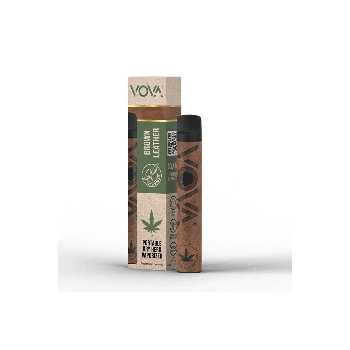 VOVA vaporizer in brown leather design, showcasing portable dry herb usage for healthier cannabis consumption.