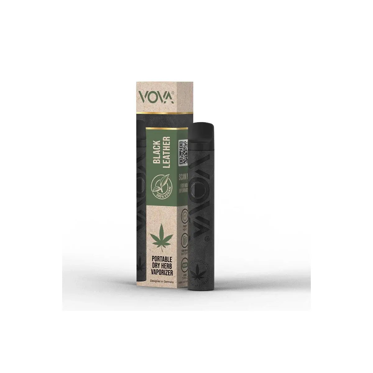 VOVA vaporizer in sleek black leather design, packaged for portable dry herb use.