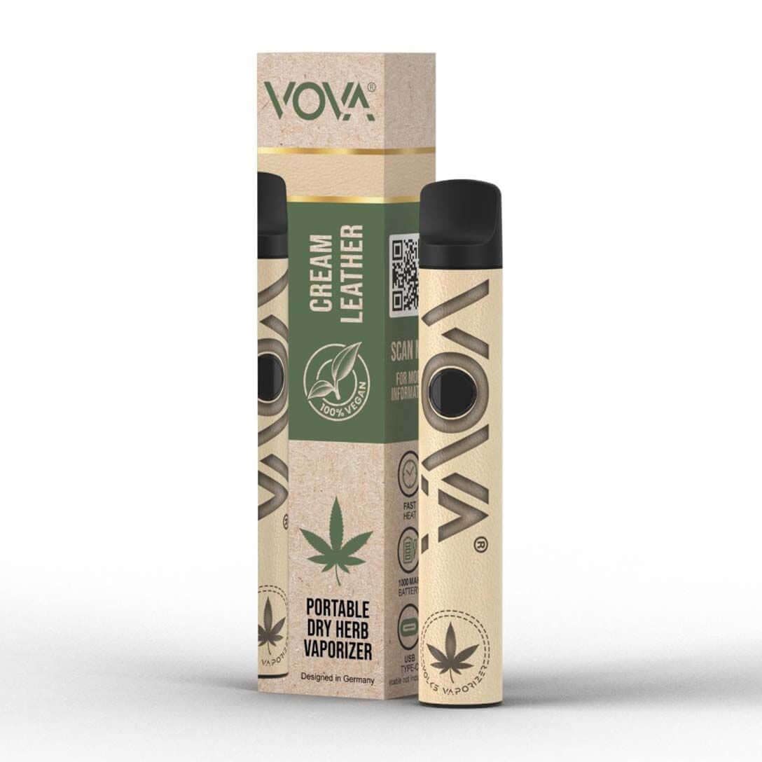VOVA portable dry herb vaporizer in cream leather design, promoting healthier cannabis use.
