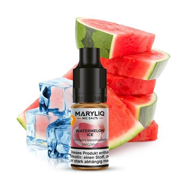 MARYLIQ Watermelon Ice Nikotinsalz liquid bottle with watermelon slices and ice cubes.