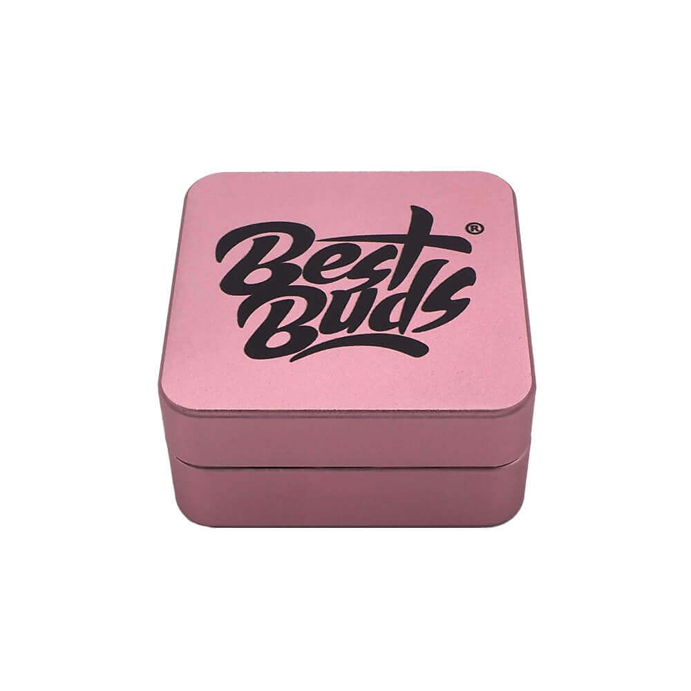 Best Buds pink aluminum grinder box with stylish logo, perfect for efficient herb grinding.