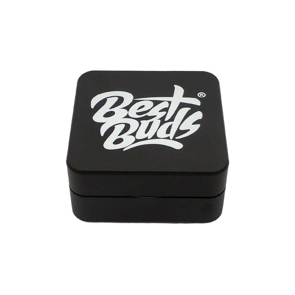 Best Buds black square aluminum grinder with stylish logo design for efficient herb grinding.