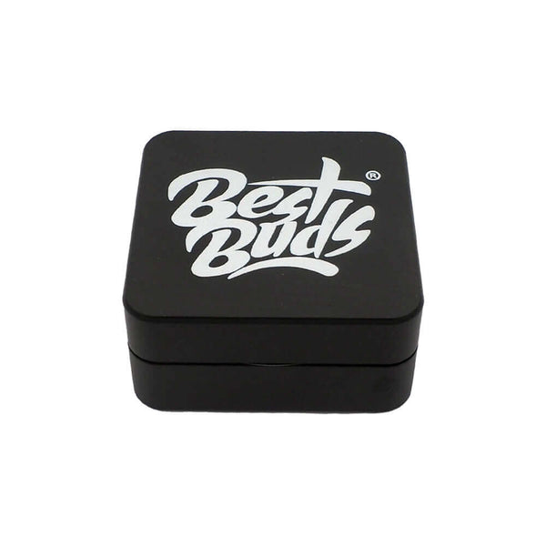 Best Buds black square aluminum grinder with stylish logo design for efficient herb grinding.
