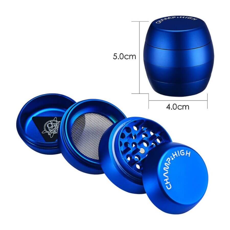 Champ High Egg Aluminium Grinder in blue, 40mm, 4 parts with kief sieve and collection chamber.