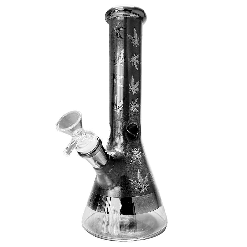 Weed Leaves Glass Bong in Grey, 25cm—Elegant design with high-quality borosilicate glass for durability.