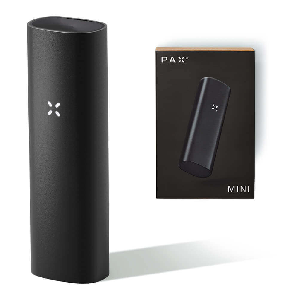 PAX Mini Onyx Vaporizer für Kräuter in Schwarz mit Verpackung, ideal für mobile Nutzung und Anfänger.