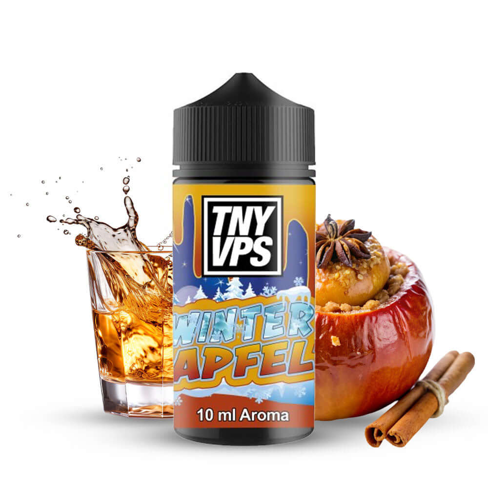 Tony Vapes Winter Apfel Longfill-Aroma 10ml with apple, cinnamon, and a splash of drink for winter flavor.