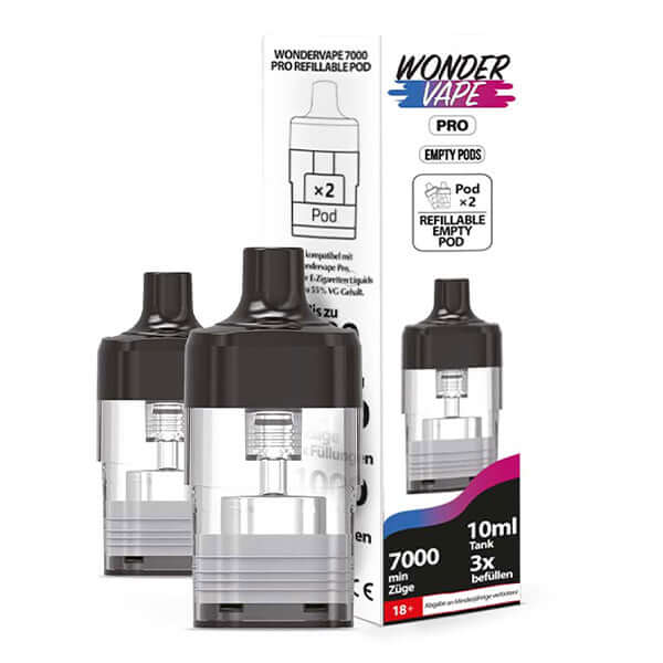 Wondervape 7000 Pro refillable pods in packaging, featuring two empty pods for enhanced vaping experience.