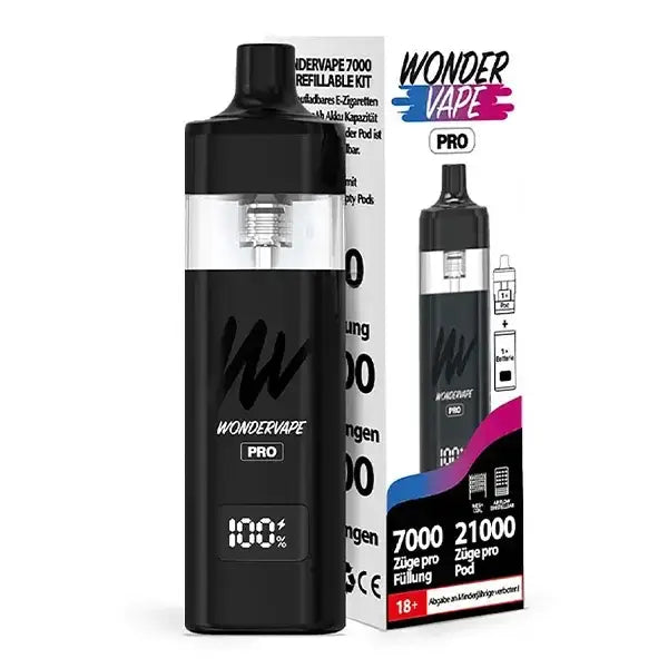 Wondervape 7000 Pro Pod Kit in black with display, compact design for MTL and RDL vaping, easy refillable system.