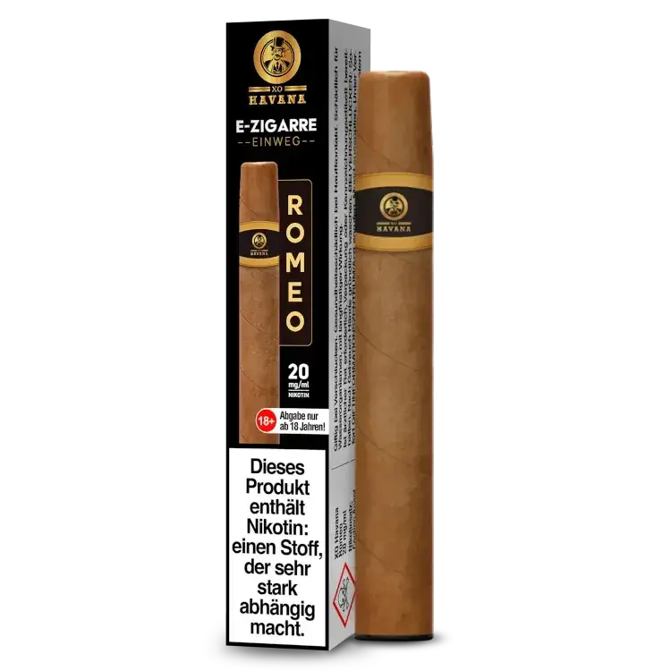 XO HAVANA Einweg E-Zigarette im Zigarren-Design, Modell ROMEO, mit Nikotinwarnung.