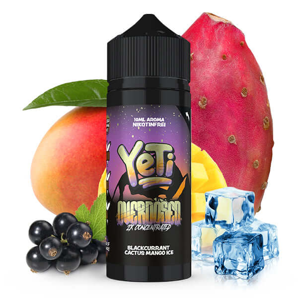 YETI Mango Blackcurrant Cactus Mango Ice Aroma 10ml bottle with tropical fruits and ice cubes.