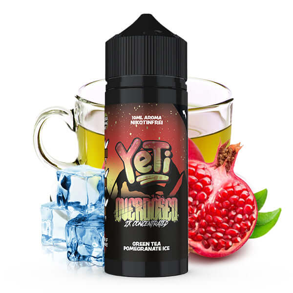 YETI Green Tea Pomegranate Ice Aroma 10ml with ice cubes and pomegranate beside a cup of green tea.