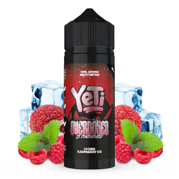 YETI Lychee Raspberry Ice Aroma 10ml bottle with raspberries and ice cubes, perfect for summer vaping.