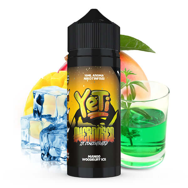 YETI Mango Woodruff Ice Aroma 10ml bottle with tropical fruit and ice cubes for refreshing vape experience.