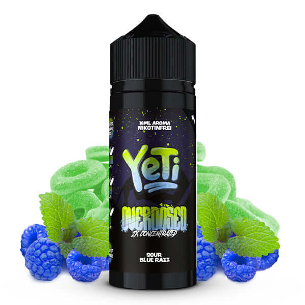 Yeti Sour Blue Razz Overdosed Aroma 10ml bottle with blue raspberries and mint leaves.