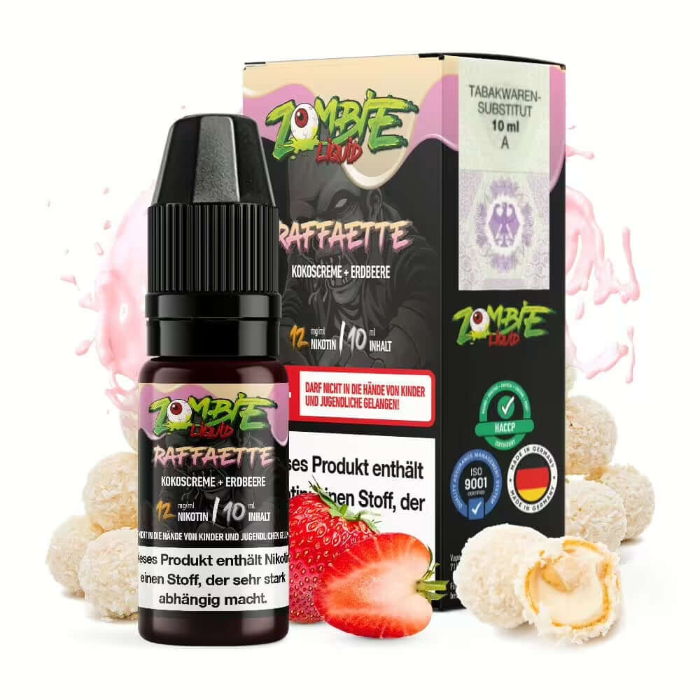 Zombie Raffaette 10ml liquid bottle with coconut and strawberry flavor, featuring box and candy background.